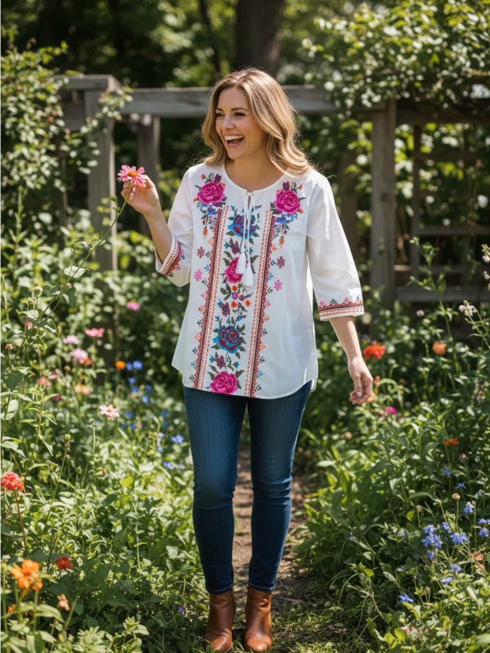 NWT Raj Embroidered Floral White Top with Pink & Blue Accents Size Small